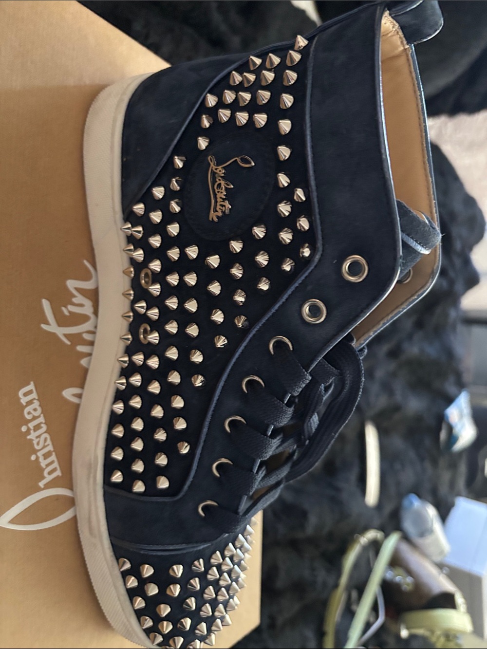 Christian Louboutin Navy Suede Spike-Stud High-Top Sneaker